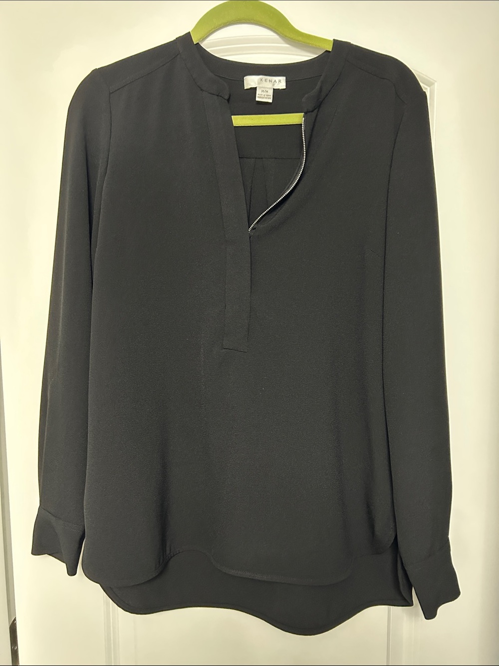 Kenar Black Long Sleeve Split-Neck Tunic Blouse